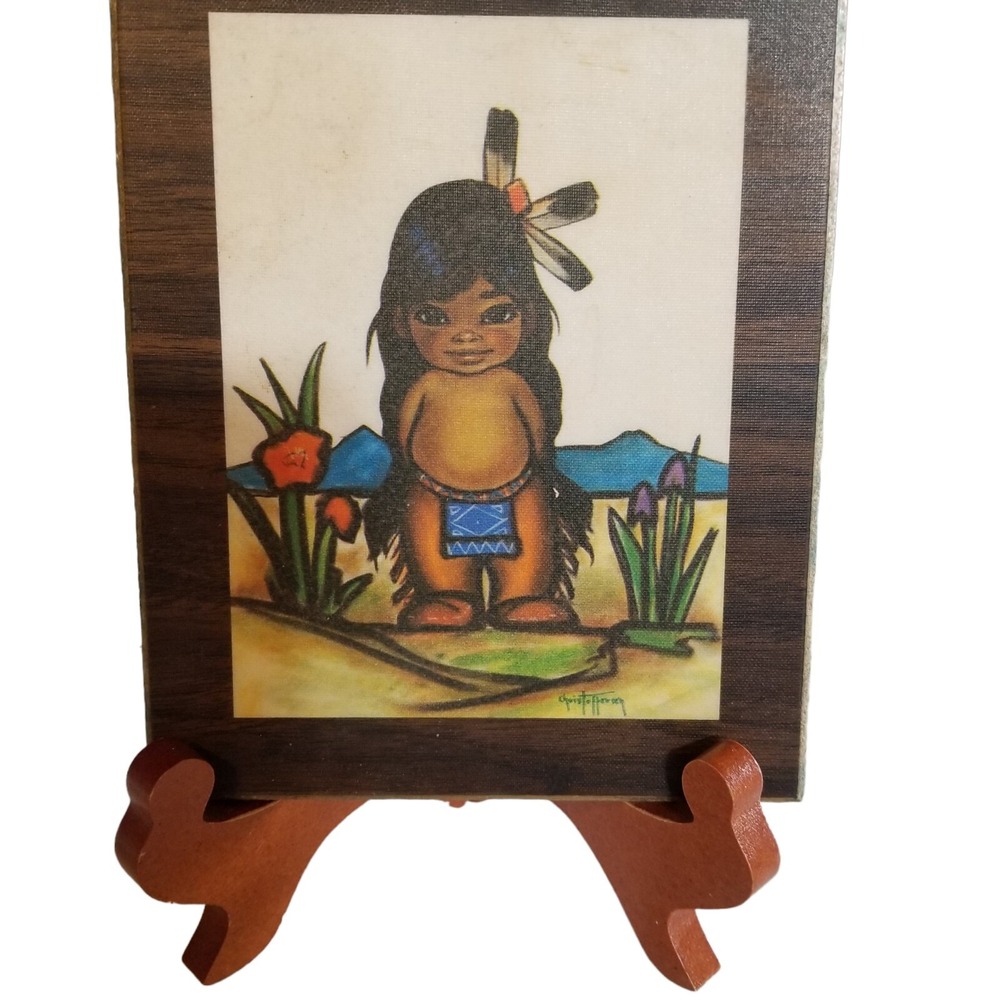 Gerda Christoffersen Wooden Decoupage Picture 5x6 Native Child Wall Hanging